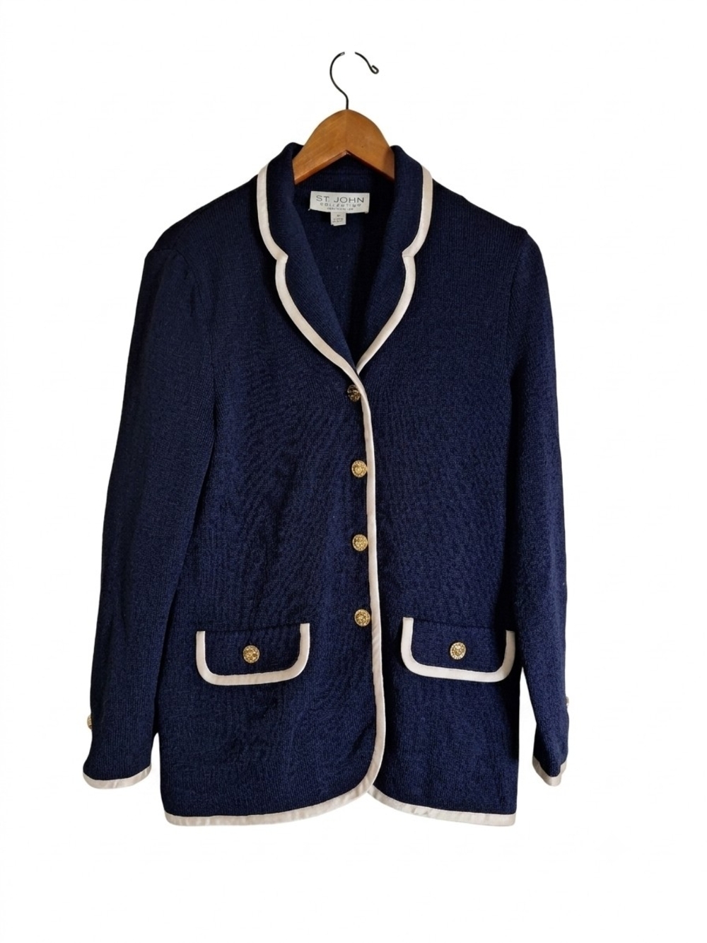 St. John Navy Cream Trim Gold Buttons Elegant Knit Blazer Jacket Size 8